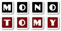 Schwarz-weiße Buchstaben oben "MONO", darunter rot-weiß "TOMY" in quadratischen Rahmen.