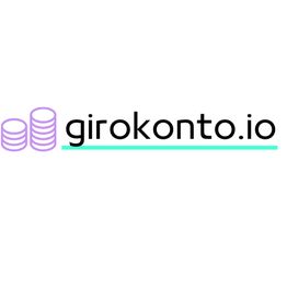 Logo mit lila Münzen und Text "girokonto.io" darunter türkise Linie.