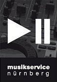 Logo mit Play- und Pause-Symbol, Text "musikservice nürnberg" darunter, auf Mischpult-Hintergrund.