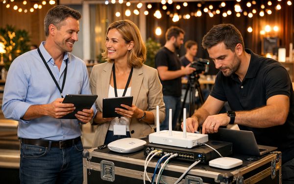 Drei Personen richten WLAN-Router und Netzwerkgeräte für ein Event ein, zwei halten Tablets und besprechen die Einrichtung, im Hintergrund arbeiten weitere Personen an Eventtechnik, Lichterketten und moderne Eventatmosphäre sichtbar.