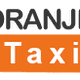 Tekst logo met "ORANJE" in zwart en "Taxi" in wit op een oranje achtergrond.