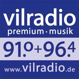 "Logo von Vilradio: premium musik, Frequenzen 91.0+96.4, Webseite www.vilradio.de."