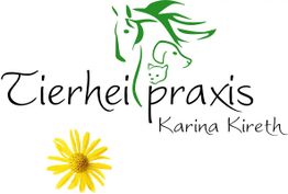 Logo mit Tierillustrationen, dem Text "Tierheilpraxis Karina Kireth" und einer gelben Blume.