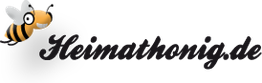 Logo mit Biene und Text "Heimathonig.de" in geschwungener Schrift.