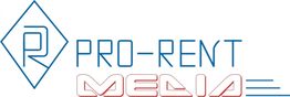Logo der Firma "Pro-Rent Media" mit stilisiertem Schriftzug in Blau und Rot.