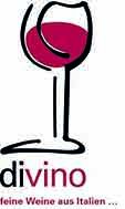 Illustration eines Weinglases mit rotem Wein. Text: "divino - feine Weine aus Italien".