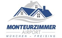 Logo mit drei Häusern und Text: Monteurzimmer Airport München-Freising.