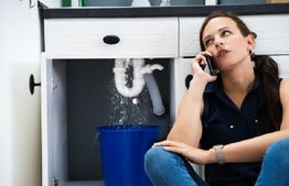Woman sitting, calling for help as water leaks from pipe under sink into blue bucket.
