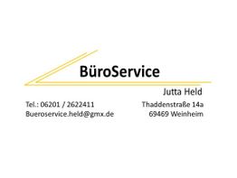 BüroService Visitenkarte von Jutta Held mit Kontaktinformation und Adresse in Weinheim.