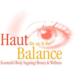 Ein Auge mit dem Text: "Haut Balance, Kosmetik, Body Sugaring, Beauty & Wellness."