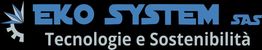 Logo Eko System SAS, scritta: "Tecnologie e Sostenibilità", design blu e grigio su sfondo nero.