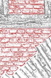 Durchbrochene rote Ziegelwand mit grauen, diagonal verlaufenden Linien darunter.