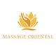 Logo avec une main dans une fleur dorée, texte "Massage Oriental".