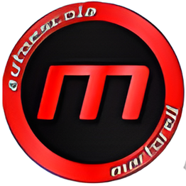 Un logo circular con una "M" roja sobre fondo negro y borde rojo con texto plateado.