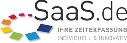 Logo von SaaS.de mit farbigem Kreis und Text: "Ihre Zeiterfassung - Individuell & Innovativ".