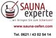 Logo von "SAUNA experte" mit Webseite und Telefonnummer für Saunadienstleistungen.