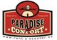 Logo rojo y negro de "Paradise Confort" con un símbolo de moto y dirección web abajo.