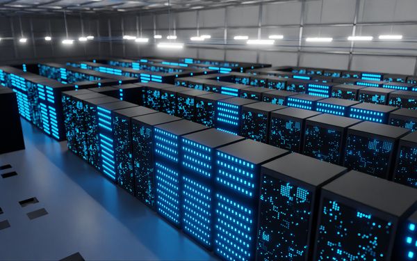 beleuchteter Serverraum in einer großen Halle