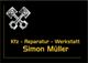 Kfz-Reparaturwerkstatt-Schild mit Kolben-Motiv und dem Namen Simon Müller in Gelb.