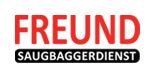 Logo mit rotem Text "FREUND" und darunter "SAUGBAGGERDIENST" in schwarzem Kasten.