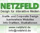 Grüner Text: NETZFELD, Design für interaktive Medien, mit Kontaktinfos und Dienstleistungen.