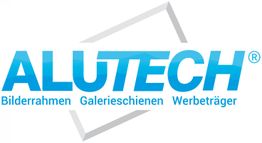 Logo von Alutech mit Text: Bilderrahmen, Galerieschienen, Werbeträger.
