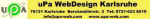 Gelbes Banner mit "uPa WebDesign Karlsruhe" und Kontaktdaten in schwarzer Schrift.