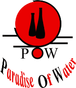 Logo mit zwei Flaschen in rotem Kreis, Text: "POW Paradise Of Water".