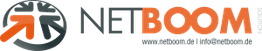 Logo von Netboom mit Pfeil und Website-URL.
