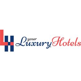 Logo with "Your Luxury Hotels" in blue and red text beside abstract red and blue shapes.