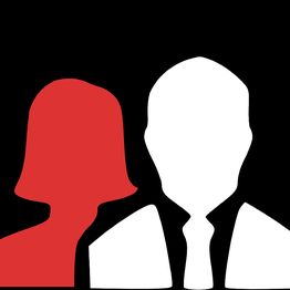 Ikon af to personer: en rød silhuet til venstre og en hvid silhuet i slips til højre.