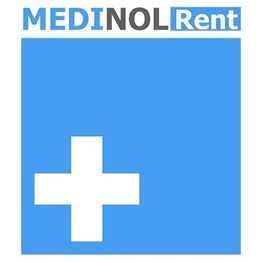 Logo MEDINOL Rent su sfondo blu con croce bianca.