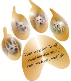 Pfotenspuren mit Fotos von weißen Hunden, Text: Vom weißen Wolf, rund um den Hund.
