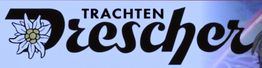 Schriftzug "Trachten Drescher" mit Edelweiß-Blume vor blauem Hintergrund.