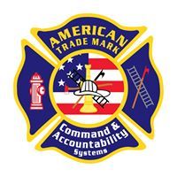 Firefighter emblem with tools, American flag backdrop, labeled "American Trade Mark."