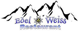 Logo mit Bergsilhouette und Edelweiß. Text: "Edel Weiss Restaurant" in Blau und Lila.
