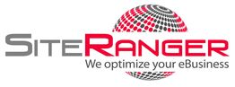 Logo von "SiteRanger" mit dem Slogan "We optimize your eBusiness" und Kugel aus Punkten.