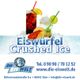 Zwei Getränke mit Eiswürfeln, Zitrone und Strohhalmen, Text: "Eiswürfel, Crushed Ice, Die EIS WELT".