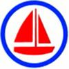 Blau umrandetes Symbol mit einem roten Segelboot auf weißem Hintergrund.