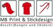 Logo von MB Print & Stickdesign mit Icons für Stoff, T-Shirt und Nadel. Beschriftungen und Stickerei.