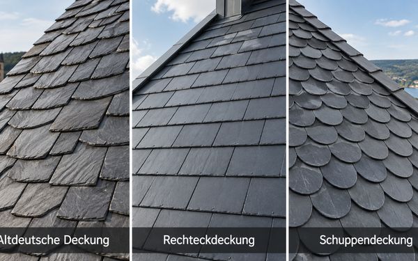 Vergleich von Altdeutscher Deckung, Rechteckdeckung und Schuppendeckung mit drei unterschiedlichen Schieferdachflächen.