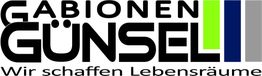 Logo mit Text: "Gabionen Günsel - Wir schaffen Lebensräume", grün, blau und grau dekoriert.