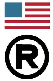 Vereinfacht dargestellte US-Flagge über einem eingekreisten R.