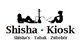 Silhouetten von zwei Personen mit Shisha, Text: "Shisha - Kiosk, Shisha's - Tabak - Zubehör".