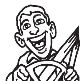 Illustration eines lachenden Mannes, der hinter einem Lenkrad sitzt und einen Sicherheitsgurt trägt.