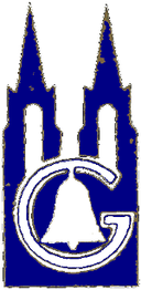 Blaues Wappen mit zwei Türmen, einer Glocke und einem großen Buchstaben "G".