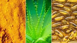 Turmeric powder, aloe plant, and capsules in three vertical panels.