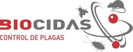 Logo de Biocidas con insectos y ratón, texto "CONTROL DE PLAGAS" en rojo.