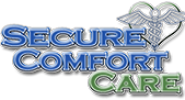 Logo with text "Secure Comfort Care" and a caduceus symbol.