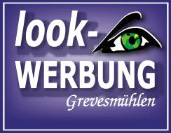Logo mit Text "look-WERBUNG Grevesmühlen" und einem stilisierten Auge auf lila Hintergrund.